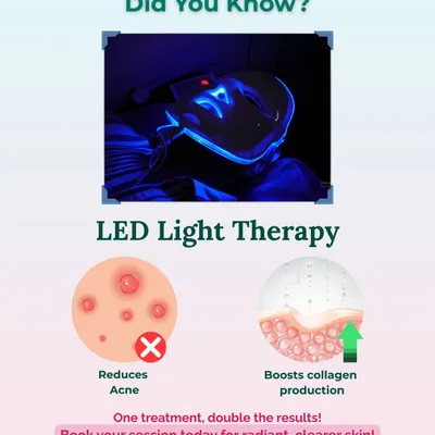 Did you know LED Light Therapy offers double the results? It uses different wavelengths of light to reduce acne-causing bacteria and calm inflammation, while also stimulating collagen production for firmer, more youthful skin.