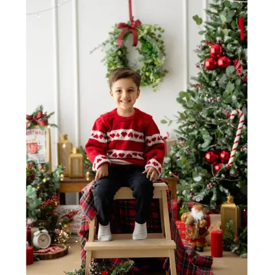 A bright smile that perfectly captures the magic of Christmas. This little boy is ready for the holidays in his festive sweater, surrounded by classic Christmas decor.