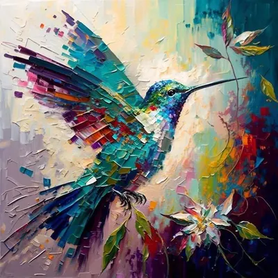 An abstract hummingbird painting demonstrating the vibrant color blending and sharp details achievable with acrylics.