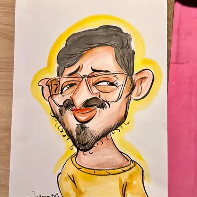 A finished colorful caricature, ready to be gifted. The yellow background makes the portrait pop, and the watercolor adds a soft, vibrant texture to the artwork.