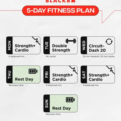 Here is a sample 5-day fitness plan using our programs. We structure your week with a mix of strength, cardio, and recovery to keep you progressing without overtraining.