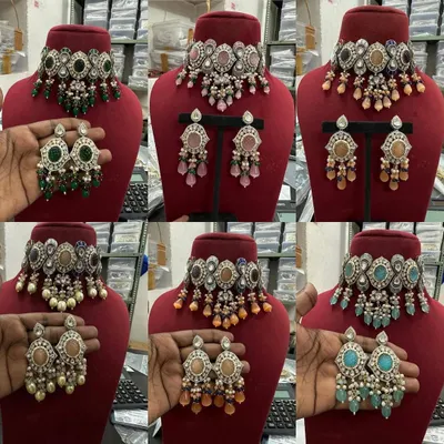 A showcase of the different color customizations available for one of my popular choker designs. I can create this set in green, pink, peach, and a variety of other colors.