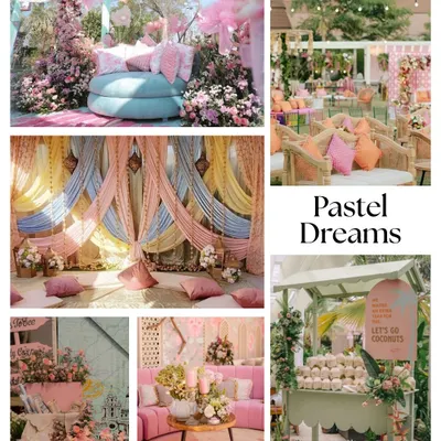 A "Pastel Dreams" mood board for a soft and romantic Mehendi. This theme features gentle pinks, blues, and yellows, with dreamy drapes and floral arrangements.