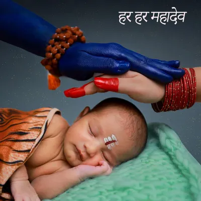 A truly divine and artistic concept. This image portrays a newborn being blessed by parents depicted as Mahadev and Parvati, a powerful and symbolic representation of love and protection.