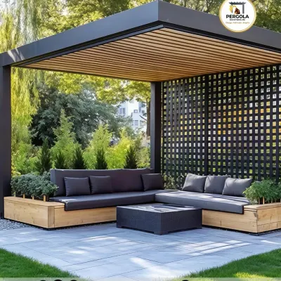 This modern gazebo features a raftered ceiling and a built-in L-shaped sofa, creating a cozy and defined lounge area. The side lattice panel adds privacy and architectural interest, making it a perfect garden centerpiece.