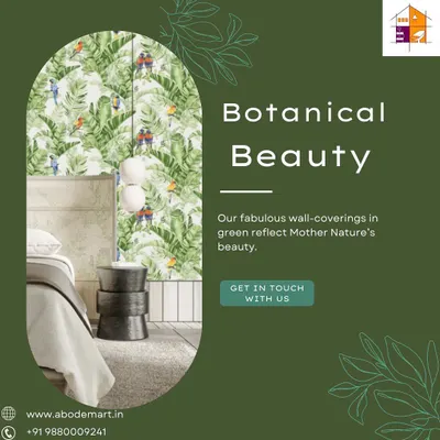 Our botanical wallpapers bring the freshness of the outdoors inside. This vibrant design, featuring green leaves and colourful birds, adds a lively and refreshing touch to a bedroom wall, creating a cheerful and natural ambiance.