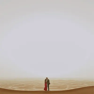 A minimalist yet powerful composition in the Dubai desert. The couple stands as a small, intimate focal point in the vast, empty expanse of sand and sky, emphasizing the idea that in a world of their own, only they matter.