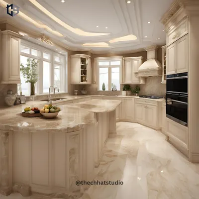 This kitchen design blends medieval inspiration with futuristic flair. I used ornate architectural details on the cabinetry and a grand island with beige marble countertops, creating a unique and timeless culinary haven.