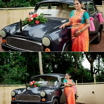 A classic Ambassador car serves as the perfect prop for this unique maternity shoot. It adds a vintage and distinctly Indian charm to the portraits of the mom to be in her beautiful silk saree.