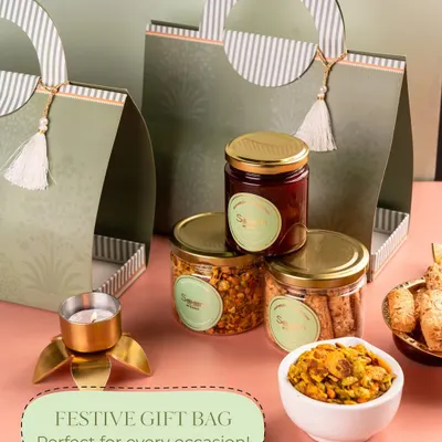 This festive gift bag is perfect for every occasion. It’s filled with handcrafted goodness, including my signature chutneys and savoury snacks, making it a thoughtful gesture for any milestone or festival.