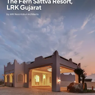 The entrance to The Fern Sattva Resort in Little Rann of Kutch, Gujarat. My design for this eco-luxury oasis blends contemporary elegance with traditional architectural elements, creating a welcoming gateway to a unique natural landscape.