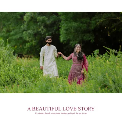 A collage telling a beautiful love story through a series of moments from a photoshoot in a lush green landscape.