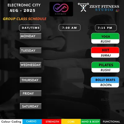 Here is a sample of our group class schedule for our Electronic City branch, featuring Yoga, HIIT, Pilates, and Bolly Beats. Classes are available in the morning and evening to fit your day.