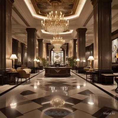 A conceptual design for a grand hotel lobby, illustrating a classic luxury style with high ceilings, grand chandeliers, and polished marble floors. This image serves as an inspiration for creating opulent and impressive commercial spaces.