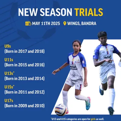 An announcement for our new season trials at Wings, Bandra. We offer a clear pathway for players across multiple age groups, including dedicated categories for girls in U13 and U15.