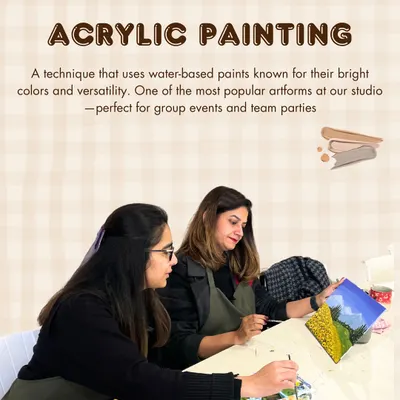 Acrylic painting is one of our most popular activities. It's a versatile, water-based paint perfect for beginners and great for group events, allowing for bright colors and quick drying times.