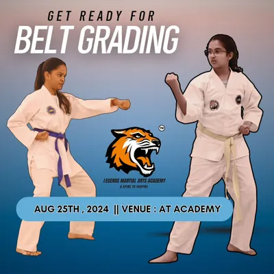 It's time to level up! This graphic announces our upcoming belt grading, a day where students get to demonstrate their progress and earn their next rank.
