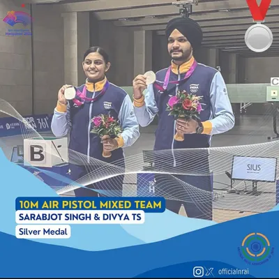 A moment of immense pride as our shooter Divya T.S. and her teammate Sarabjot Singh win the Silver Medal for India in the 10m Air Pistol Mixed Team event at the Asian Games.