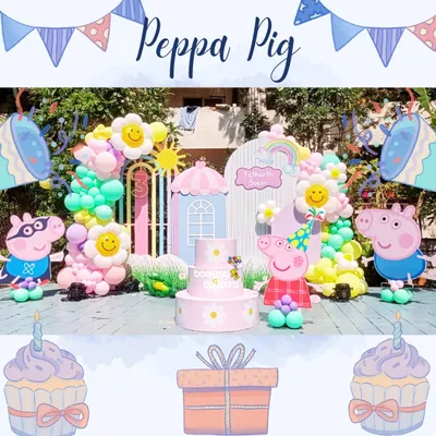 We're squealing with excitement over this Peppa Pig party. This outdoor setup features Peppa and George, a pastel rainbow, and a smiling flower balloon arch, creating a cheerful and sunny day for a celebration.