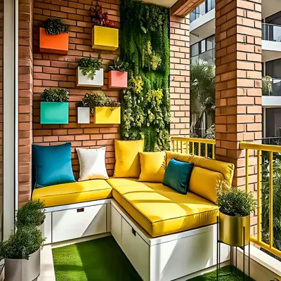 A vibrant balcony makeover with a custom L-shaped bench that includes built-in storage drawers. Colorful planters and a vertical garden wall create a cheerful outdoor oasis.