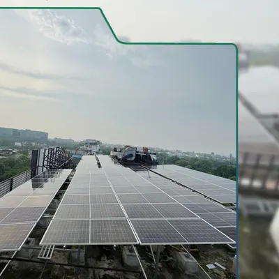 A wide-angle view of the 50 kW rooftop solar power plant we successfully commissioned at Lemon Tree Hotel, Gurugram. The installation is designed for maximum sun exposure, ensuring optimal energy generation throughout the day for the hotel's operations.