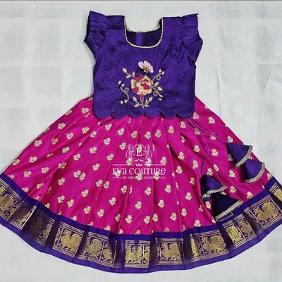 This newborn Pattu Pavadai in purple and pink is ready to dispatch. It's designed to be used for up to 2.5 years, thanks to the extra margins.