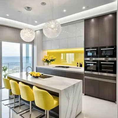 This kitchen features a stunning marble island with seating, complemented by a bold yellow backsplash and sleek, dark cabinetry. The built-in ovens and high-end finishes make this a perfect space for both cooking and entertaining.