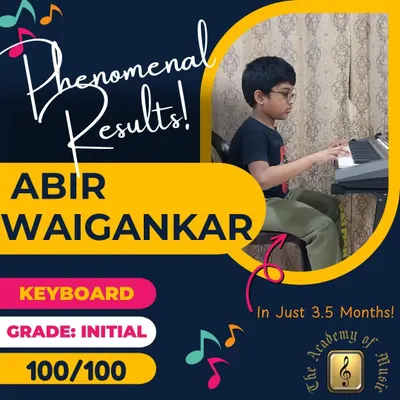 A perfect score! We are beyond excited to celebrate Abir Waigankar's phenomenal 100 out of 100 on his Initial Grade Electronic Keyboard exam. This incredible result was achieved in just 3.5 months of dedicated practice.