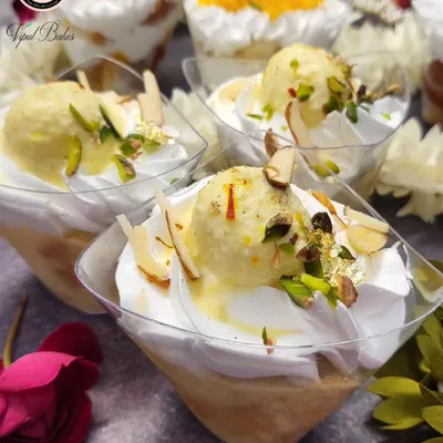 This Rasmalai Tres Leches is pure indulgence. It’s a soft sponge cake soaked in three kinds of milk, topped with light cream and a piece of delicate rasmalai.