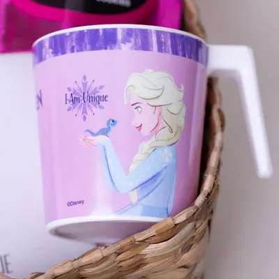 A close-up of a Disney 'Frozen' themed mug included in a birthday basket for a little girl. I love finding items that feature their favorite characters.