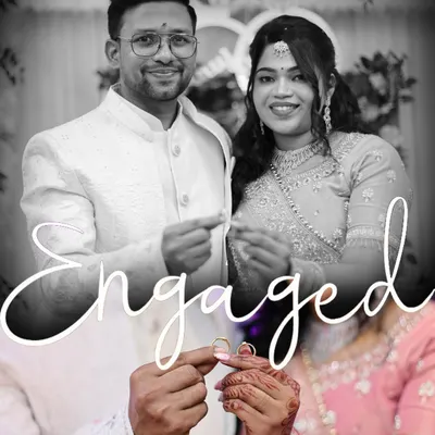 A beautiful collage capturing the key moments of a ring ceremony, including the couple showing their rings and a close-up of their hands.