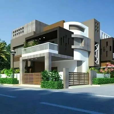 This design is an exploration of geometric forms, combining cubic volumes, a curved central element, and decorative screen panels. The interplay of different materials and shapes gives the building a dynamic, sculptural quality from every angle.