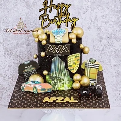 A sophisticated cake for the ultimate brand lover. This design features logos and items from Porsche, Gucci, and other luxury brands, all meticulously crafted from edible materials.