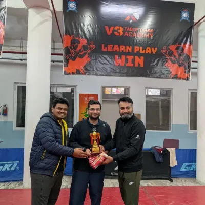 The winners of the Men's Doubles category at the 2nd V3 Open Corporate Table Tennis Tournament. Teamwork and strategy are just as important here as in the office.