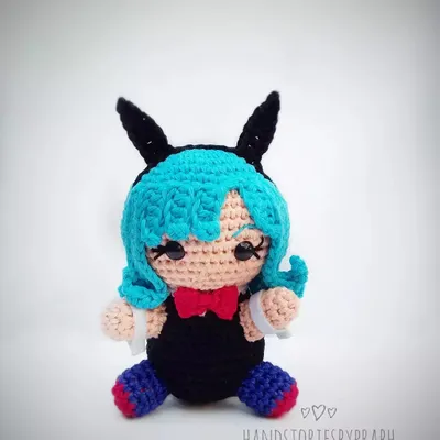 Here is my handmade version of Bulma from Dragon Ball Z in her bunny girl outfit. This was a custom order, and I had fun with her bright blue hair and cute accessories.