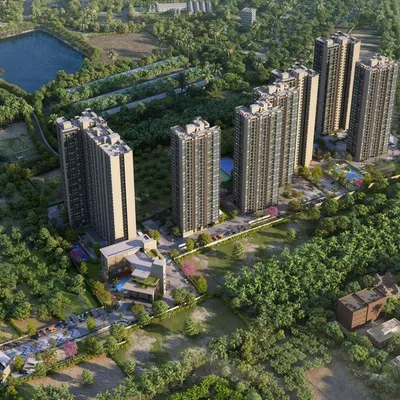 This aerial view of Sattva Lumina shows how we situate high-rise towers within a dense green landscape, creating an urban oasis that offers both density and tranquility.
