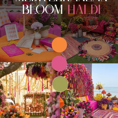 Forget the traditional yellow. This "Mediterranean Bloom" Haldi mood board shows how I use a vibrant palette of orange, pink, and olive green to create a fresh and colorful theme.