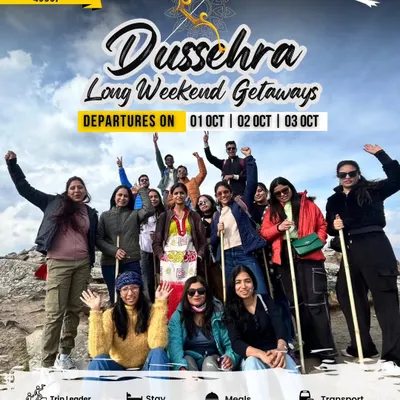 Got a long weekend for Dussehra? We have the perfect getaways planned for you. This poster shows a happy group enjoying their mountain escape during the festive break.