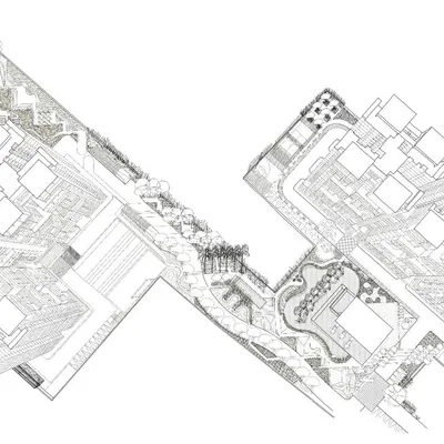 A conceptual drawing exploring how landscape can do more than what is expected. This kind of exploratory sketching is a core part of our process, pushing us to find innovative ways to integrate community spaces within complex urban fabrics.