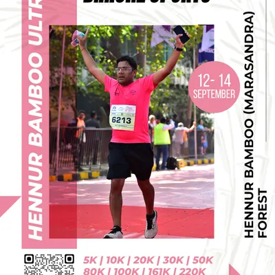 The pure joy of reaching the finish line at the Hennur Bamboo Ultra. This runner's triumphant pose captures the spirit of accomplishment that defines our events.