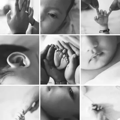 A beautiful black and white collage capturing the tiny details of a newborn: their feet held in a parent's hands, their delicate ear, and their tiny fingers grasping a thumb.