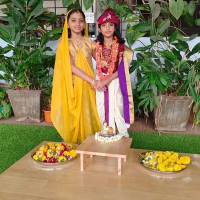 Children dressed as Radha and Krishna for our Janmashtami celebration. Celebrating festivals teaches children about different cultures and traditions in a joyful, immersive way, and these older students serve as role models for the younger ones.