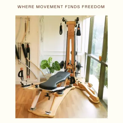 This is where the magic happens. A full view of our Gyrotonic Expansion System, set against a calming backdrop. This machine is the centerpiece of our studio, designed to help you find freedom in your movement.