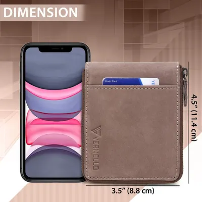 This image shows the precise dimensions of our handcrafted round-zip leather wallet, comparing its size to a standard smartphone. The wallet measures 4.5 inches by 3.5 inches, offering a compact yet spacious design.