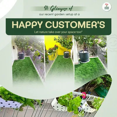Here is a glimpse of a recent balcony garden setup for a happy customer. We used a combination of potted trees, railing planters, and artificial grass to turn this space into a peaceful green escape with fresh air and blooming beauty.