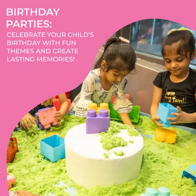 We specialize in birthday parties. This graphic highlights our service of creating lasting memories with fun themes, featuring children engaged in a sensory sand play activity.