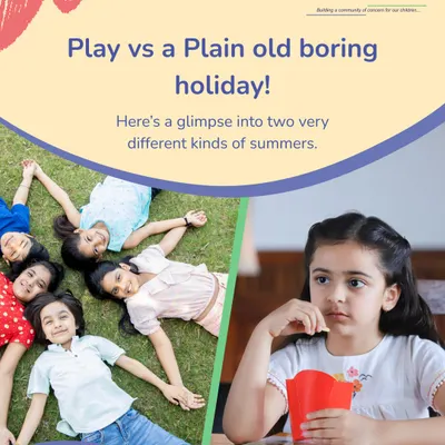We believe in turning a plain old boring holiday into a season of play and connection. This image contrasts a typical summer with the vibrant, interactive experience we create at our camps, filled with friendship and discovery.