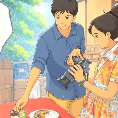 A Studio Ghibli-style illustration of our photography duo at work. This image captures the whimsical and artistic spirit of our creative process, blending our love for food and storytelling.