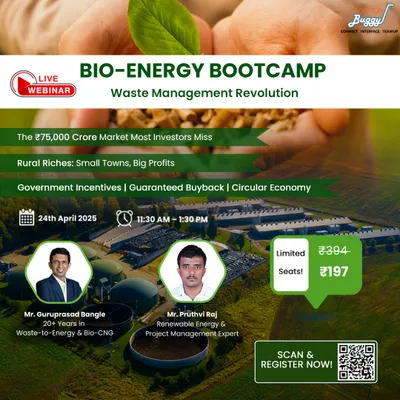 The Bio-Energy Bootcamp webinar advertisement highlights the ₹75,000 Crore market opportunity in waste management. It shows an aerial view of a Bio-CNG plant, emphasizing our expertise in helping clients tap into rural markets and leverage government incentives.
