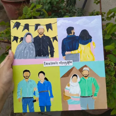 This is a complete four-in-one faceless portrait collage I painted for a client to gift their parents. It captures four different special moments from their life together on a single canvas.
